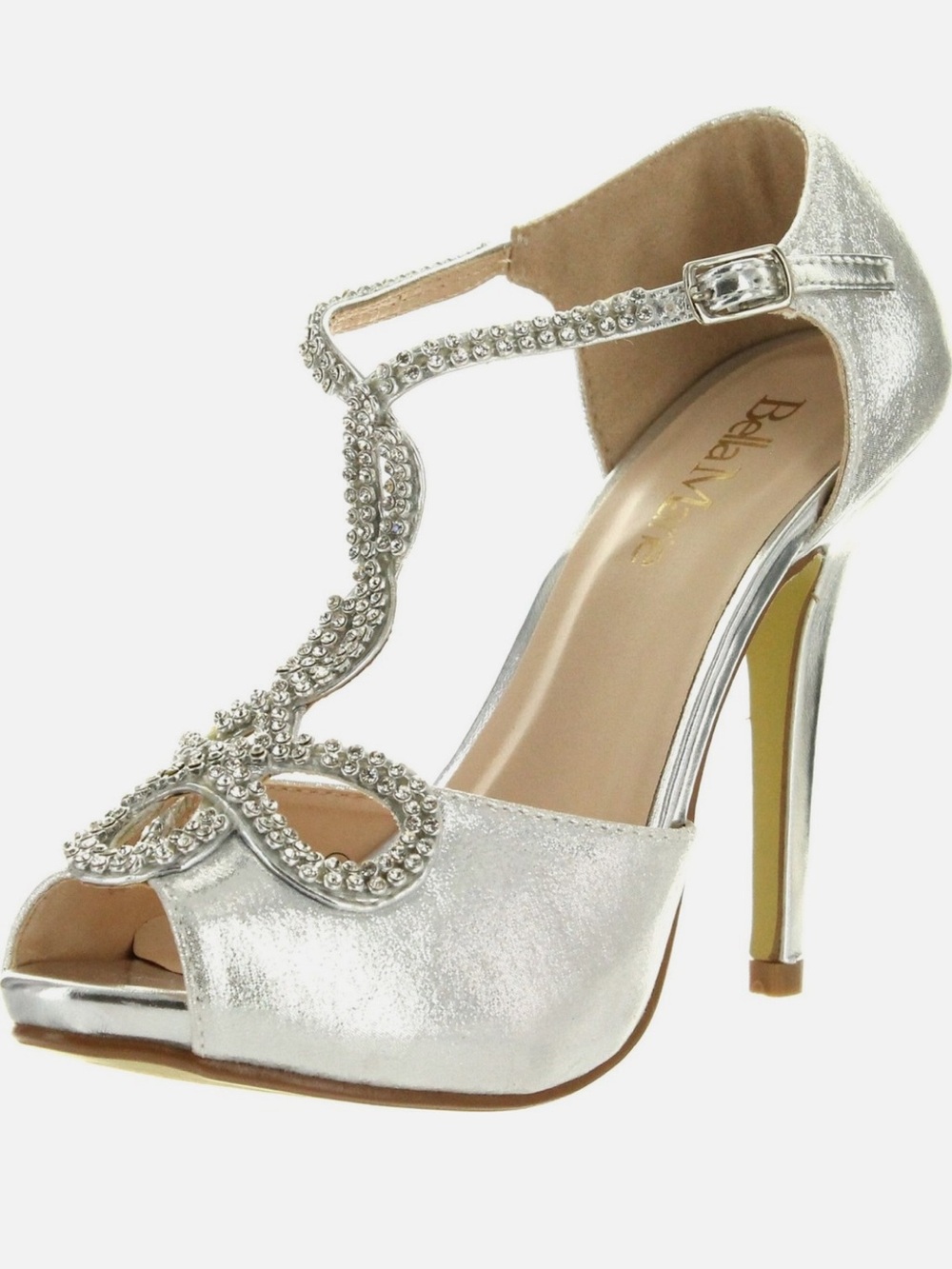 Bella Marie Silver Crystal T-Strap Peep Toe Heels